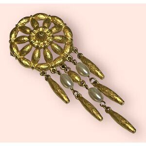 VTG Tora 1980s Matte Gold Pearl Tassel Chatelaine Style Large Dangle Brooch 3.5”